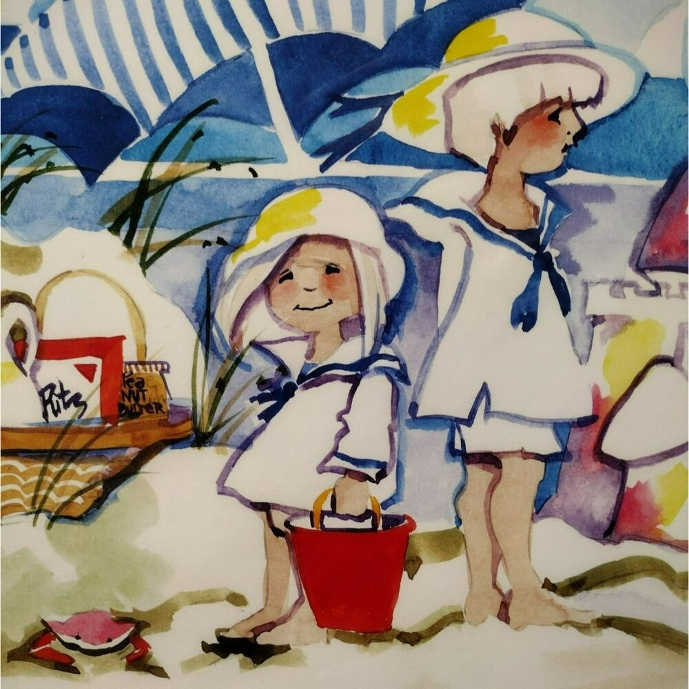 Signed Art Print by Diana Barnes, Matted Watercolor Artwork, Children on Beach - Picture 4 of 6